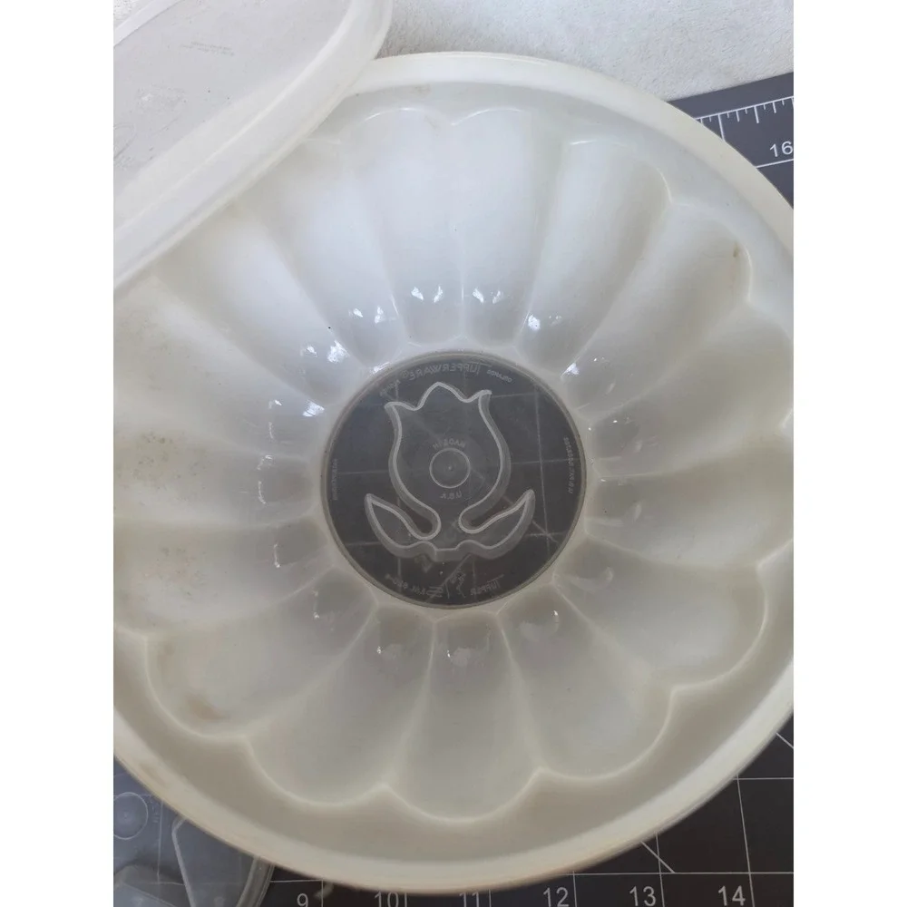 Vintage Tupperware Jel-Ring Jello Mold Set Sheer White with 4 Decorative Seals